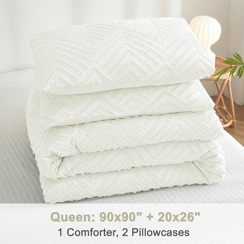 Image of Litanika Ivory Queen Comforter Set, 3 Pieces Tufted Boho Farmhouse Bedding Comforter Sets, Lightweight Fluffy Comforter Bed Set for All Season (90x90In Comforter and 2 Pillowcases)