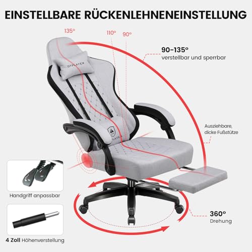 Image of GTPLAYER Gaming Chair Fabric, Gaming Chair with Pocket Spring Cushion, Ergonomic Swivel Chair, Gamer Chair with Footrest, 150 kg Load Capacity, Light Grey