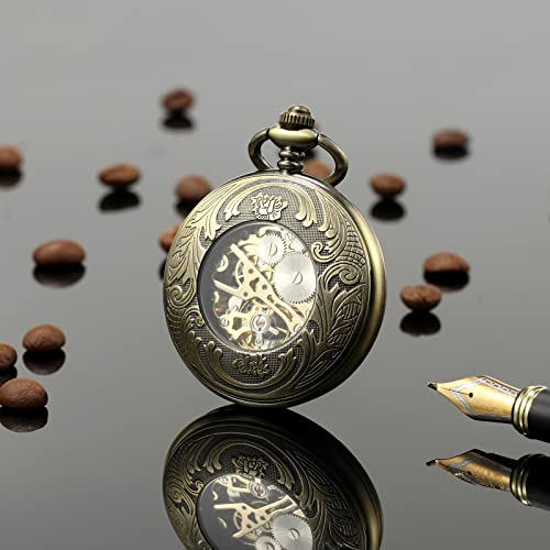 Reloj de bolsillo esquelético TREEWETO mecánico y luminoso con cadena de color bronce para hombre 7