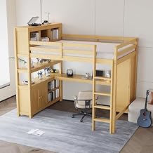 Bellemave Queen Size Loft Bed with L-Shaped Desk and Wardrobe, Wooden Loft Bed Frame with Bookshelf and Bookcase Headboard for Teens Adults, Natural