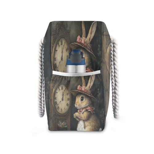 Rabbit and Clock Beach Bag & Travel Tote Bag Large Sandproof with Zipper Closure, Wet Pouch for Swim Gym Travel, Lightweight Foldable Outdoor Bag3