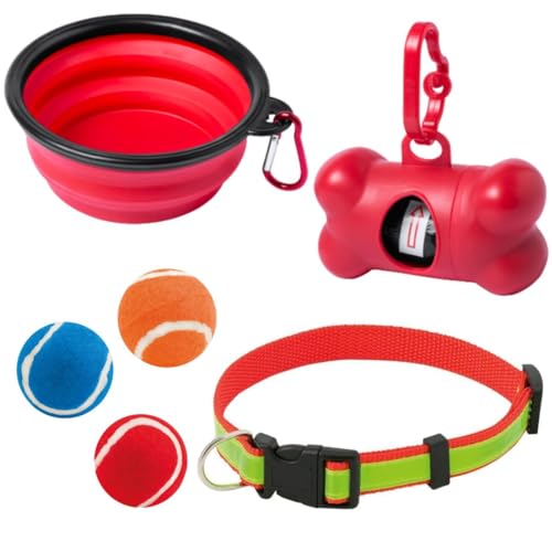 Kit De Paseo Para Perro, Aresfusion Collar De Perro Reflectante, Comedero Bebedero Portátil, Dispensador De Bolsas De Caca Para Perros, 3 Pelotas Duras Y Accesorios Para Perros