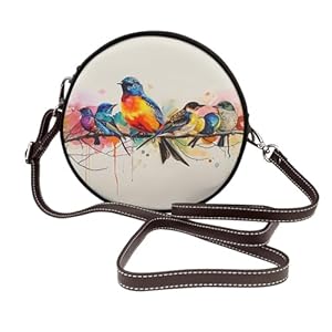 Braune runde Umh&auml;ngetasche mit Schultergurt + Rei&szlig;verschluss, Bunte V&ouml;gel | Taschen