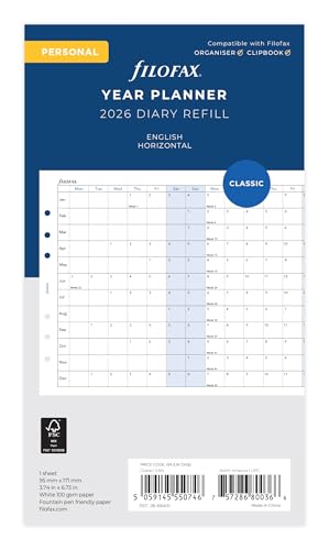 Calendrier horaire 2026 en anglais personnel Filofax évite les conflits d'emploi du temps