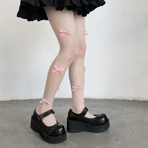 SOLILOQUY Women Y2K Lolita Sheer Tights Bow Knot High Waist Footed Pantyhose Stockings See-Through Stretchy Leggings4
