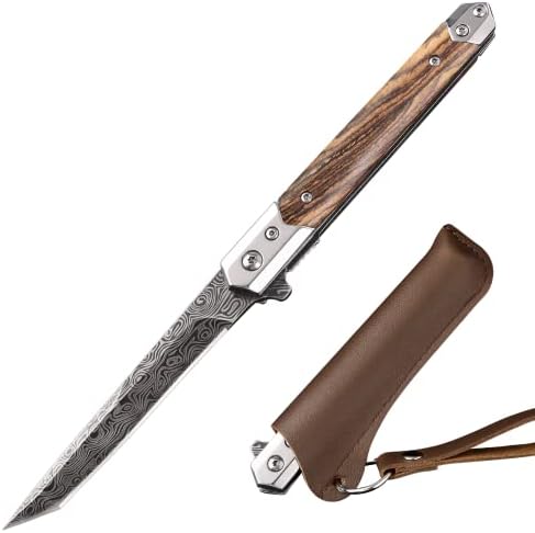 Tops Home EDC Pocket Knife for Men, Slim Folding Knives with Sheath, Tanto Blade, Wood Handle, Low Profile Gentleman's Knife for Everyday Carry