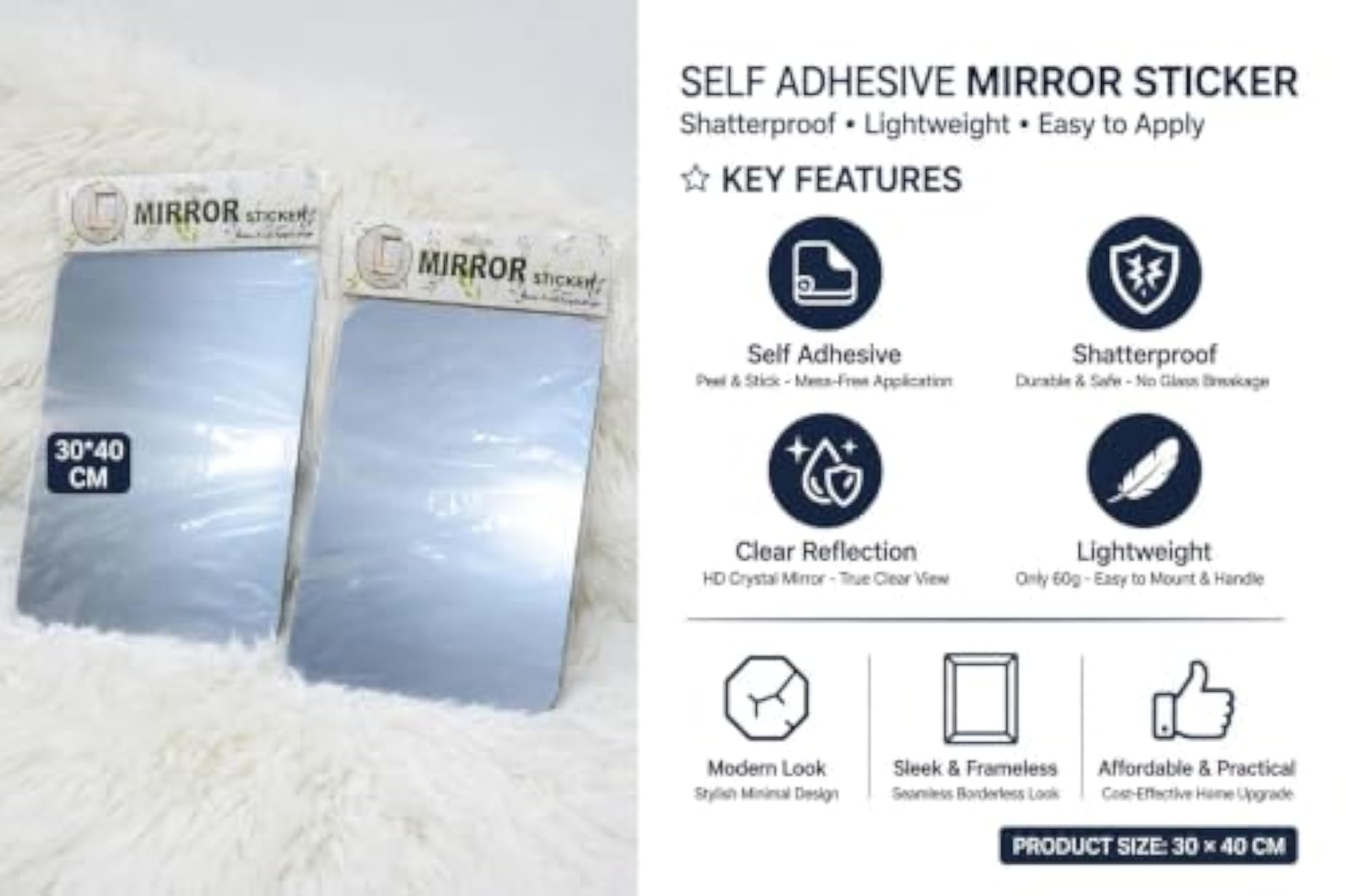 Self-Adhesive Mirror Sticker, 30x40 cm, Pack of 2