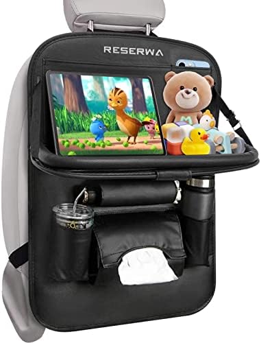Car Back Seat Organiser PU Leather with Foldable Table Tray Car Organiser with Tissue Box/Cup/Umbrella Holder Kick Mats Car Backseat Organiser Protector Universal Use for Kids Car Travel Accessories