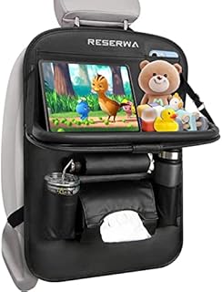 Car Back Seat Organiser PU Leather with Foldable Table Tray Car Organiser with Tissue Box/Cup/Umbrella Holder Kick Mats Car Backseat Organiser Protector Universal Use for Kids Car Travel Accessories