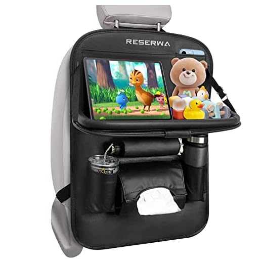 Car Back Seat Organizer PU Leather with Foldable Table Tray Car Organizer with Tissue Box/Cup/Umbrella Holder Kick Mats Car Backseat Organizer Protector Universal Use for Kids Car Travel Accessories