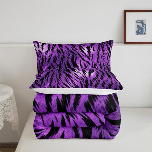 Image of Feelyou Kids Zebra Print Bedding Set Toddler Size Purple Black Zebra Stripe Bedding Set Toddler Size Skin Fur Print Comforter Set Kids Boys Girls Wildlife Duvet Set Microfiber Bed Set