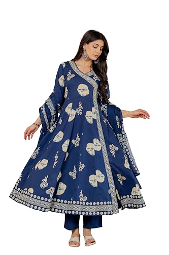 Image of Pistaa's Women's Pure Cotton Anarkali Floral Printed Hand Work Kurta with Pant & Dupatta Set