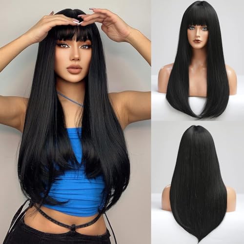 Image of Synthetic Heat Resistant Fiber Wig black long straight for Daily Party Use