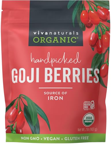 Image of Viva Naturals Organic Dried Goji Berries, (907 g) - Non-GMO, Vegan Wolfberries, Perfect for Goji Berry Tea, Smoothies, Baking & Snacking, 2 Pound (Pack of 6)