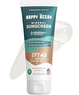 Happy Ocean Reef Safe Sunscreen SPF 45 – Biodegradable Mineral Zinc Oxide Lotion, Water Resistant, Travel Size 2.5 oz, Face & Body