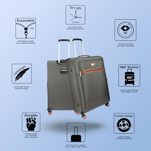 Image of F Gear Softair Large Soft Luggage | Lightweight Expandable Carry-On Trolley Bag with 360 Spinner Wheels, Silent 8-Wheel System, Built-in TSA Lock, Anti-Theft Zipper & Luggage Tag (Grey)
