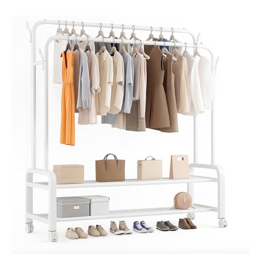 Garment Rack, Clothing Rack with Wheels, Double Rods Multi-Functional Bedroom Clothing Rack,Garment Rack Free-Standing Clothes Rack for Hanging Clothes (WHITE-4WL)