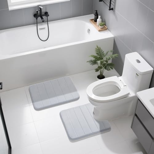 Image of Yimobra U-Shaped Toilet Bath Mat Set 2 Piece - Super Soft Absorbent Quick Dry Memory Foam Bathroom Rugs, Machine Washable Non Slip Floor Carpet for Tub Shower & Single Sink (17x24 & 24x20, Silver)
