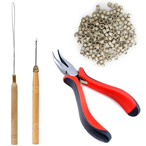 TIHOOD Hair Extension Kit Pliers Pulling Hook Bead Device Tool Kits and 200PCS Beige Silicone Lined Micro Rings(Beige)