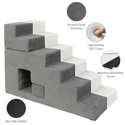 Dog Stairs for Small Dogs 27”H, 6-Step Dog Steps for High Bed, High-Density Foam Pet Stairs with Non-Slip Removable Washable Cover to Get on Bed(Grey) - Thumbnail 3
