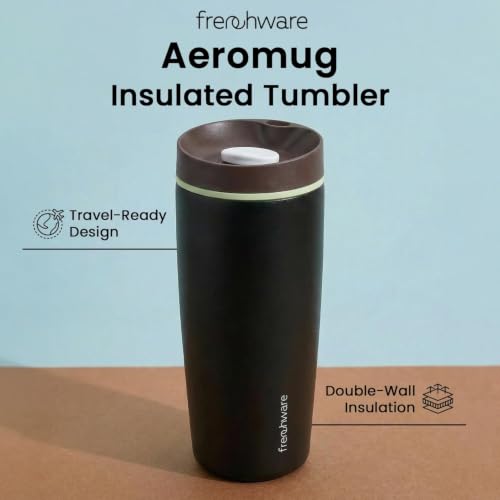 Image of Frenchware AeroMug Insulated Stainless Steel Coffee Tumbler, 600 ml | Smooth Sip Slider, Reusable, Hot & Cold Coffee Travel Mug, Carbon Black