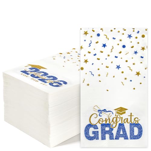 100 Pack Class of 2026 Graduation Napkins Blue Gold Disposable Congrats Grad Cocktail Napkins Paper Guest Dinner Hand Towels for 2026 High School University College Graduation Party Decorations