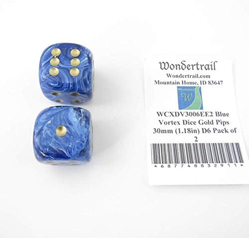 Blue Vortex Dice with Gold Pips 30mm (1.18in) D6 Pack of 2 Wondertrail