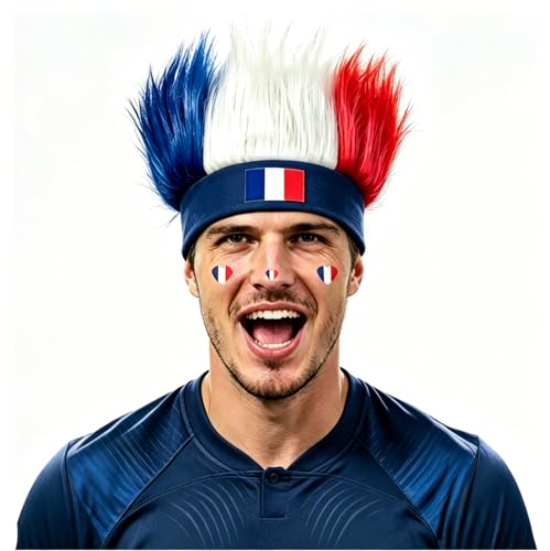 PLULON Perruque bandeau à franges pour les supporters de la Coupe du Monde de Football 2026, accessoire de déguisement aux couleurs du drapeau national (bleu, blanc, rouge), pour la tenue de match