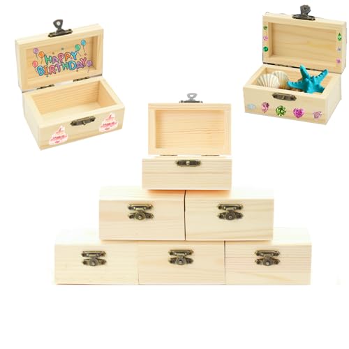 AolKee 6 pièces mini coffres au trésor, en bois, avec couvercle et fermeture en métal, coffre a jouet, boite en bois a decorer pour travaux manuels, anniversaires d'enfants, 9 x 5,5 x 5 cm