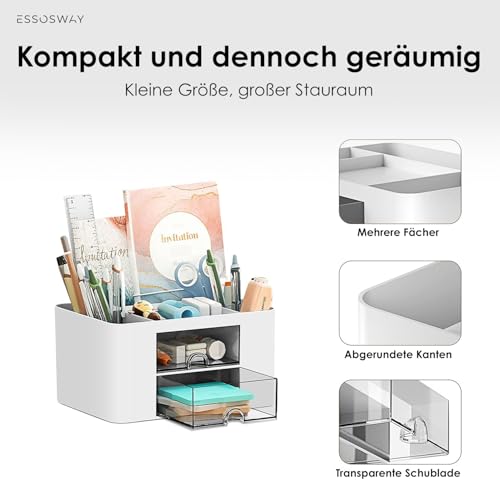 ESSOSWAY Schreibtisch Organizer - mit Stiftehalter - für Kosmetik - 5 Sortierfächer und 2 Schubladen - Büro Home Office Zubehör - Weiß