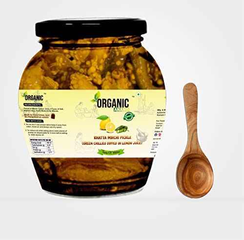 Image of Organic Anand Homemade Natural Green Chilli Pickle 350 Gram Hari Mirchi Ka Achar Dipped in Lemon Juice Khatta Spicy No preservative