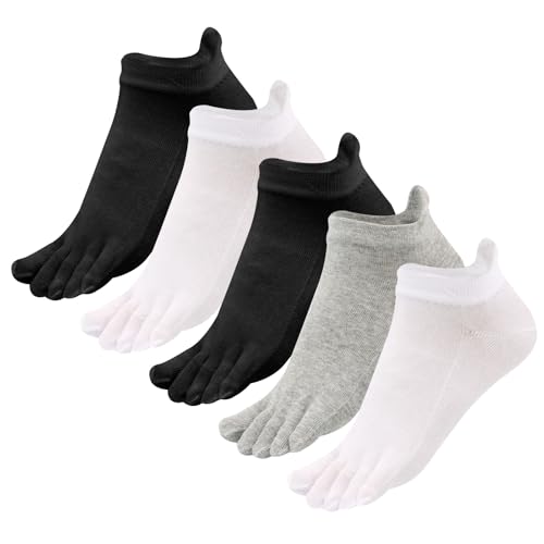 Soleeya 5 Paia Corti Calzini con Dita Separate Uomo Corsa, 39-45 Traspirante Calze con Dita Separate Uomo Cotone Morbido Calze con le Dita (IT, Numero, 39, 45, Regular, Regular, Nero/Bianco/Grigio)