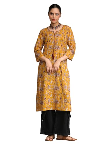 Kurta droit ethnique à pompons sur le cou et imprimé floral unique