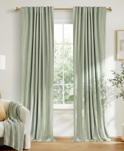 Image of 100% Blackout Shield Linen Blackout Curtains for Bedroom 84 Inches Long, Back Tab /Rod Pocket Living Room Drapes, Thermal Insulated Blackout Curtains 2 Panels Set, 50 inch W x 84 inch L,Sage Green