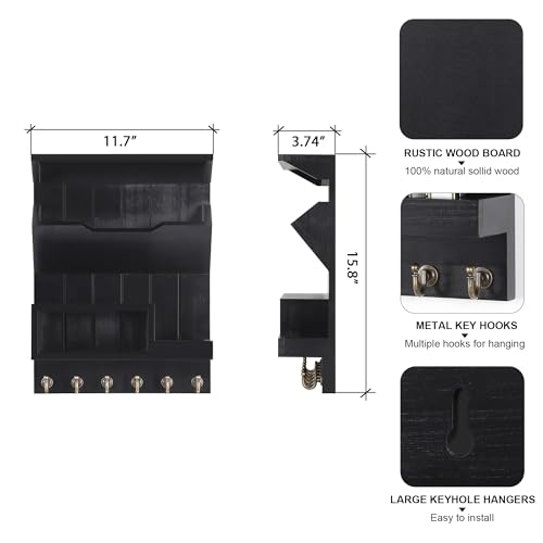 DOPACE-Key-Holder-for-Wall-Mail-and-Key-Holder-Mail-Organizer-Wall-Mounted-Key-and-Mail-Holder-for-Wall-with-6-Key-Hooks-Pine-Wood-Luxury-Black