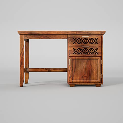 Image of Solid Sheesham Wood Study Table for Students Laptop Office Desk Workstation Writing Tables with 2 Drawer and 1 Cabinet Storage (Honey Finish, 46 x 18 x 30 INCH)