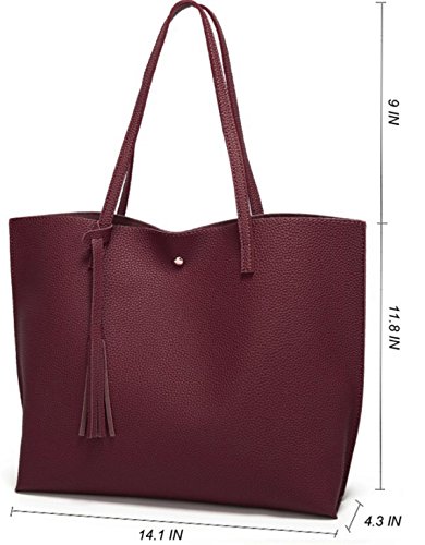 Dreubea Women's Soft Faux Leather Tote Shoulder Bag From, Big Capacity Tassel Handbag Dark Red #TOP1