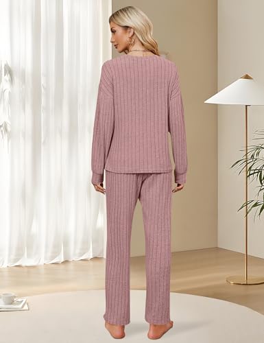 Image of Blooming Jelly Women Ribbed Long Sleeve Pajama Sets Fall Loungewear Pockets