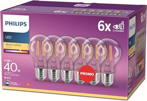 PHILIPS LED Premium Classic Filament A60 Light Bulb 6 Pack [E27 Edison Screw] 4.3W - 40W Equivalent, Warm White (2700K)