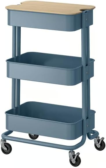 3-Tier Metal Rolling Cart with Bamboo Lid – Multi-Purpose Mobile Storage Organizer on Wheels for Kitchen, Home, or Office – Gray-Blue, 13.75 x 17.75 x 30.63 Inches