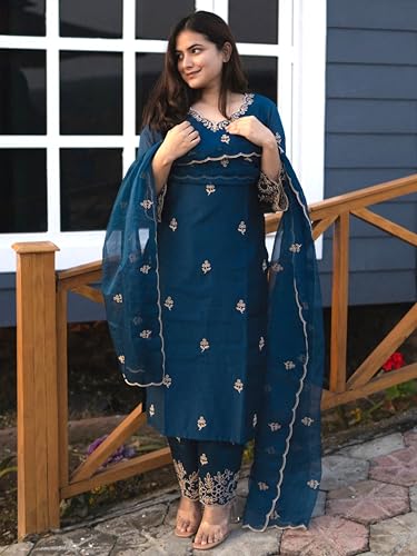 Image of Royal Export Women's Kurta Set | Viscose Silk Floral Embroidered Straight Kurta Pant Dupatta Set Kurta Sets for Women | Ladies Kurta Set (RX60-P)