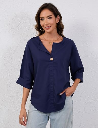 Summer Linen Shirts for Women Button Down V Neck 3/4 Sleeve T-Shirt Blouse Casual Loose Basic Solid Tunic Tops 20252