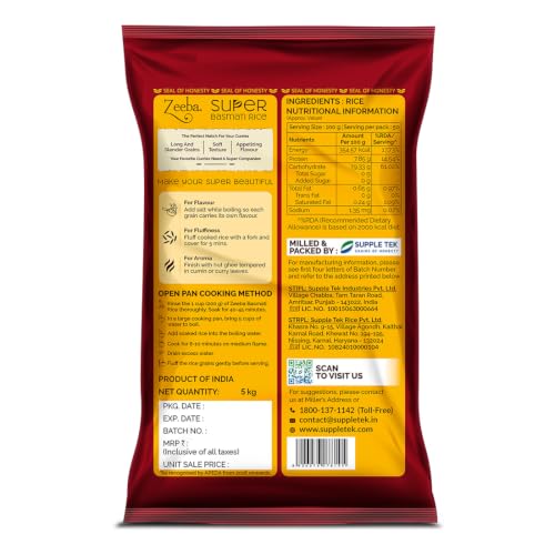 Image of Zeeba Super Basmati Rice 5 Kg, Fluffy & Naturally Aromatic, Gluten Free Fine Grains (Cooked length upto 23mm*)
