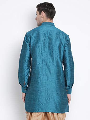 Image of Vastramay Men's Gold Curved Shape Pathani Style Silk Cotton Kurta - Mid-Length with Buttoned Cuff, Soft & Comfortable Ethnic Wear