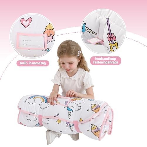 Image of Viviland Toddler Kid Nap Mat for Preschool, White Unicorn Slumber Bag, Daycare Bag with Pillow and Blanket, Kindergarten Mat