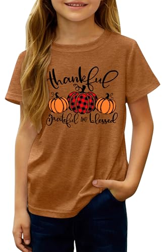 Kids Thanksgiving Shirts for Boy Girl Fall T-Shirt Pumpkin Graphic Thankful Grateful Youth Tee Tops 8-14 Years