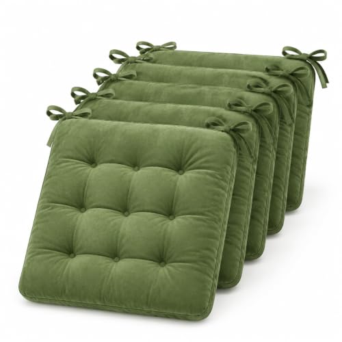 Image of BSB HOME Pack of 6 Chair Pad Cushions with Tie Straps, Tufted Seat Cushions for Dining, Office & Wooden Chairs, Soft Comfortable Chair Pads with Durable Stitching, 16 x 16 Inches - Moss Green