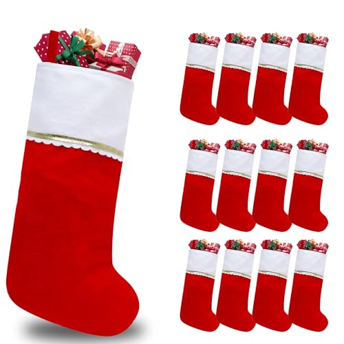12 Pack Felt Christmas Stockings 19 Inches Red and White Christmas Stocking Hanging Ornaments with Gold Trim for Family Christmas Holiday Decorations DIY Craft Large Xmas Stocking