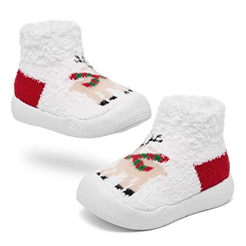 Christmas Baby Shoes Girls Boys Warm Baby Winter Shoes Cozy Fleece Booties Fuzzy Sock Shoes With Soft Rubber Sole Infant Sneaker Toddler Slipper White #TOP7