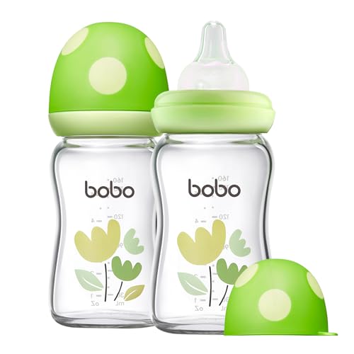 Image of YOHKOH Natural Glass Baby Bottle with Level 1 Slow Flow Nipple, Newborn Anti-Colic Baby Bottles, Wide Neck Mushroom Baby Glass Bottle (Green, (5.4oz (Pack of 2))